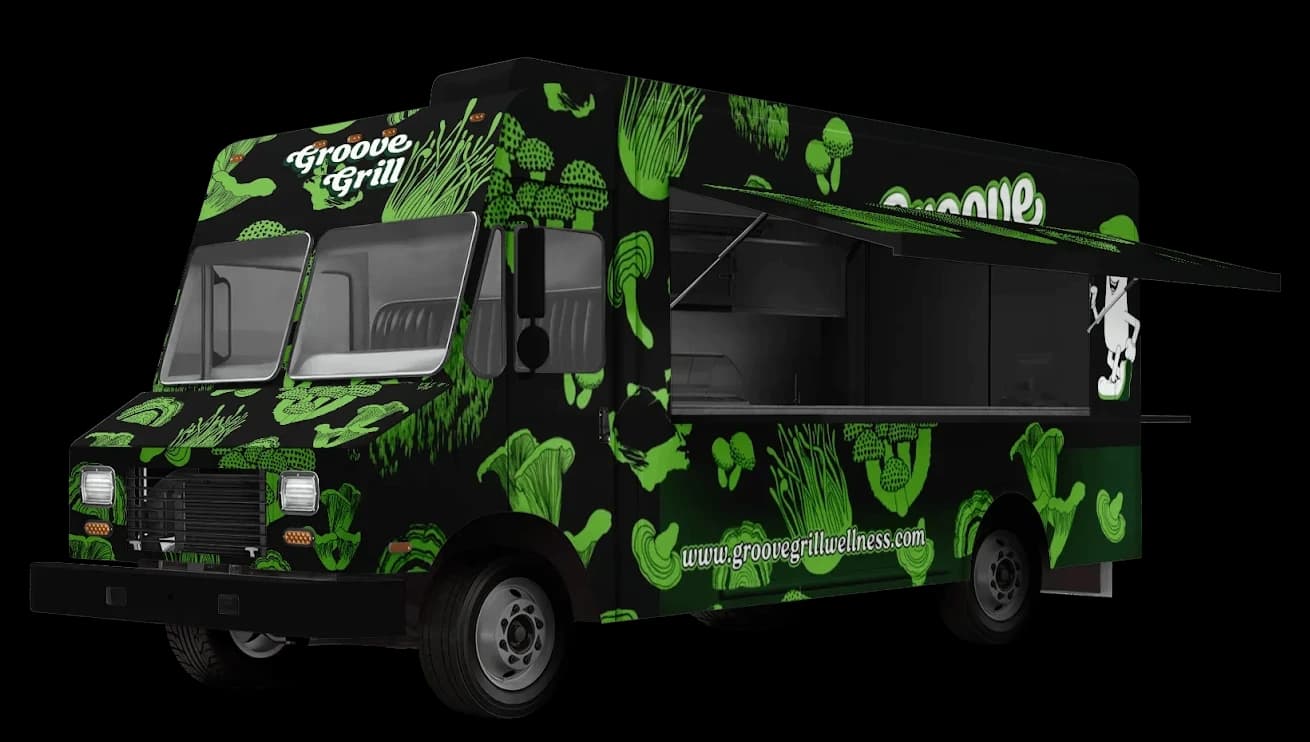 A vibrant food truck with a mushroom theme serving meals