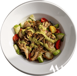 Vibin' with the menu, showcasing delicious dishes and mushrooms